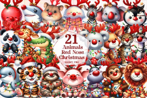 Animals Red Nose Christmas Clipart PNG for Illustrations