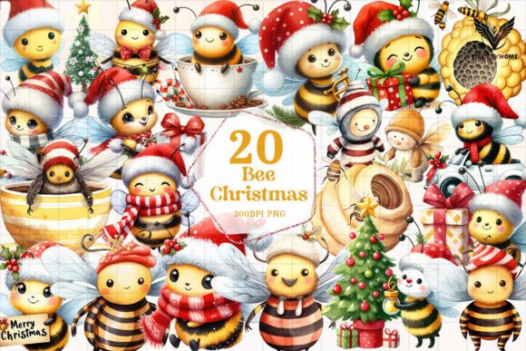 Bee Christmas Sublimation Clipart PNG for Illustrations