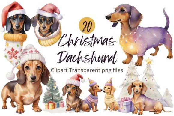 Christmas Dachshund Watercolor Clipart for Illustrations