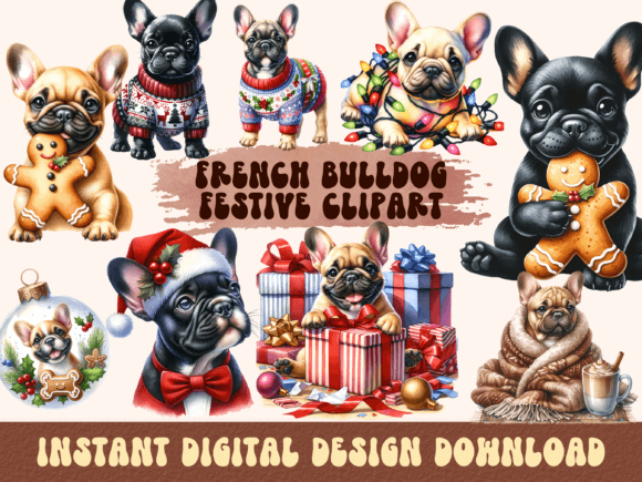 Christmas French Bulldog Clipart for Festive Illustrations