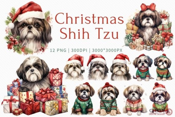 Christmas Shih Tzu Watercolor Clipart for Illustrations