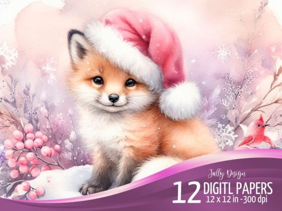 Cute Baby Fox at Christmas Night Scene Illustrations
