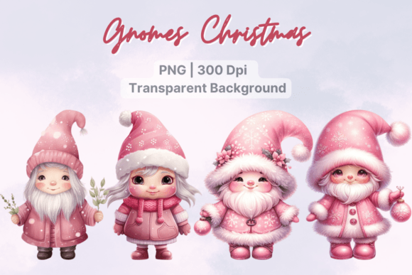 Pink Gnome Watercolor Christmas Clipart for Illustrations