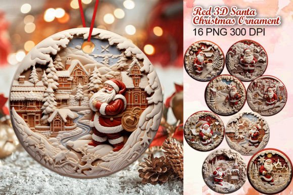 Red 3D Santa Christmas Ornament Illustrations for Crafters