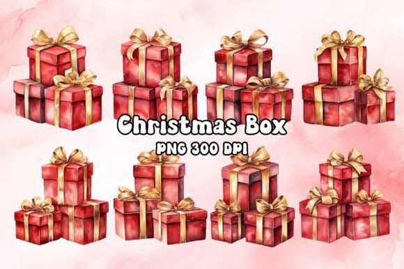 Red Christmas Gift Box Watercolor: Festive Illustrations for Crafters