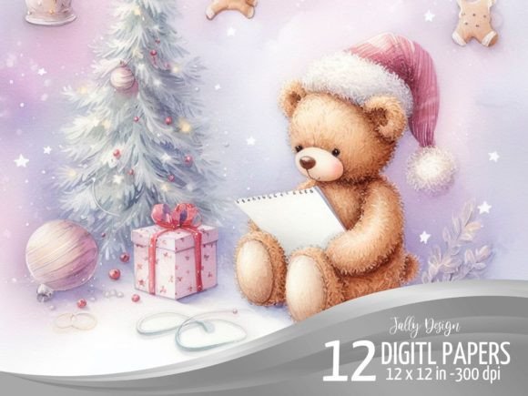 Teddy Bear at Christmas Lilac Background Illustrations