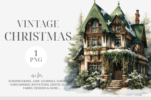 Vintage Christmas House Clipart for Seasonal Illustrations