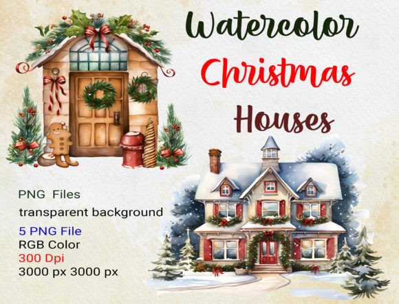 Watercolor Christmas Houses Clipart PNG