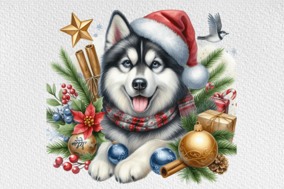 Watercolor Christmas Husky Dog Clipart in Illustrations