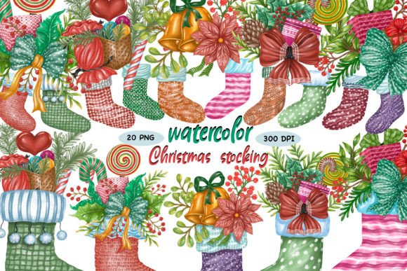 Watercolor Christmas Stocking Clipart for Festive Illustrations