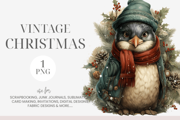 Watercolor Vintage Christmas Penguin PNG Review